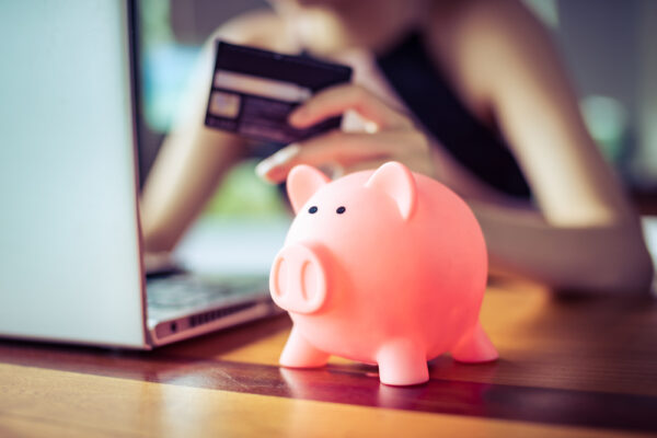 Piggy bank on desk.