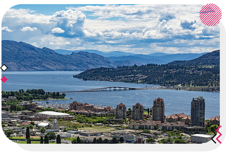 Overview of the city of Kelowna with a river in the background