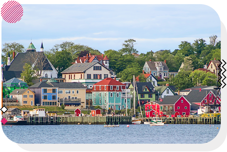 Waterfront in Nova Scotia with a bunch of colourful buildings