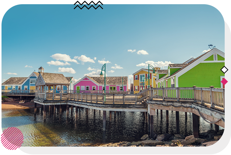 Prince Edward Island waterfront with four colourful buildings in the background